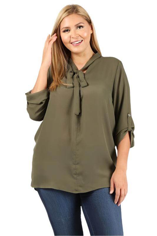Plus Size Tie V-Neck Top - VacationGrabs