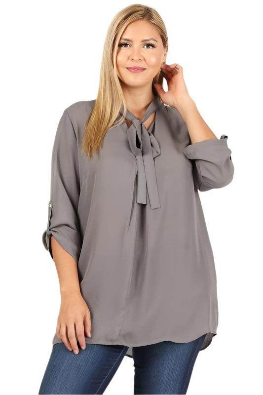 Plus Size Tie V-Neck Top - VacationGrabs