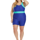 VacationGrabs plus size unitard for water aerobics in blue with teal accents for comfortable activity