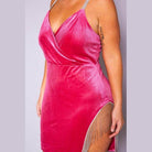 Qwasabee plus size velvet mini dress in pink with sparkling straps and fringe detailing