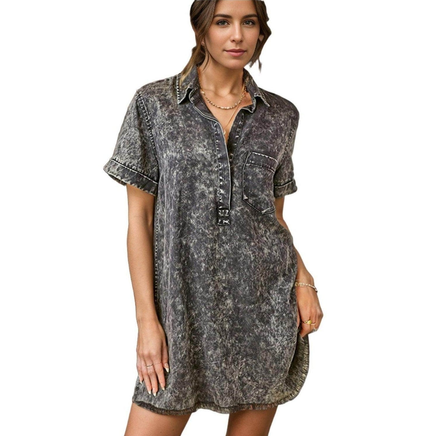 Pocketed Collared Neck Short Sleeve Denim Dress - VacationGrabs