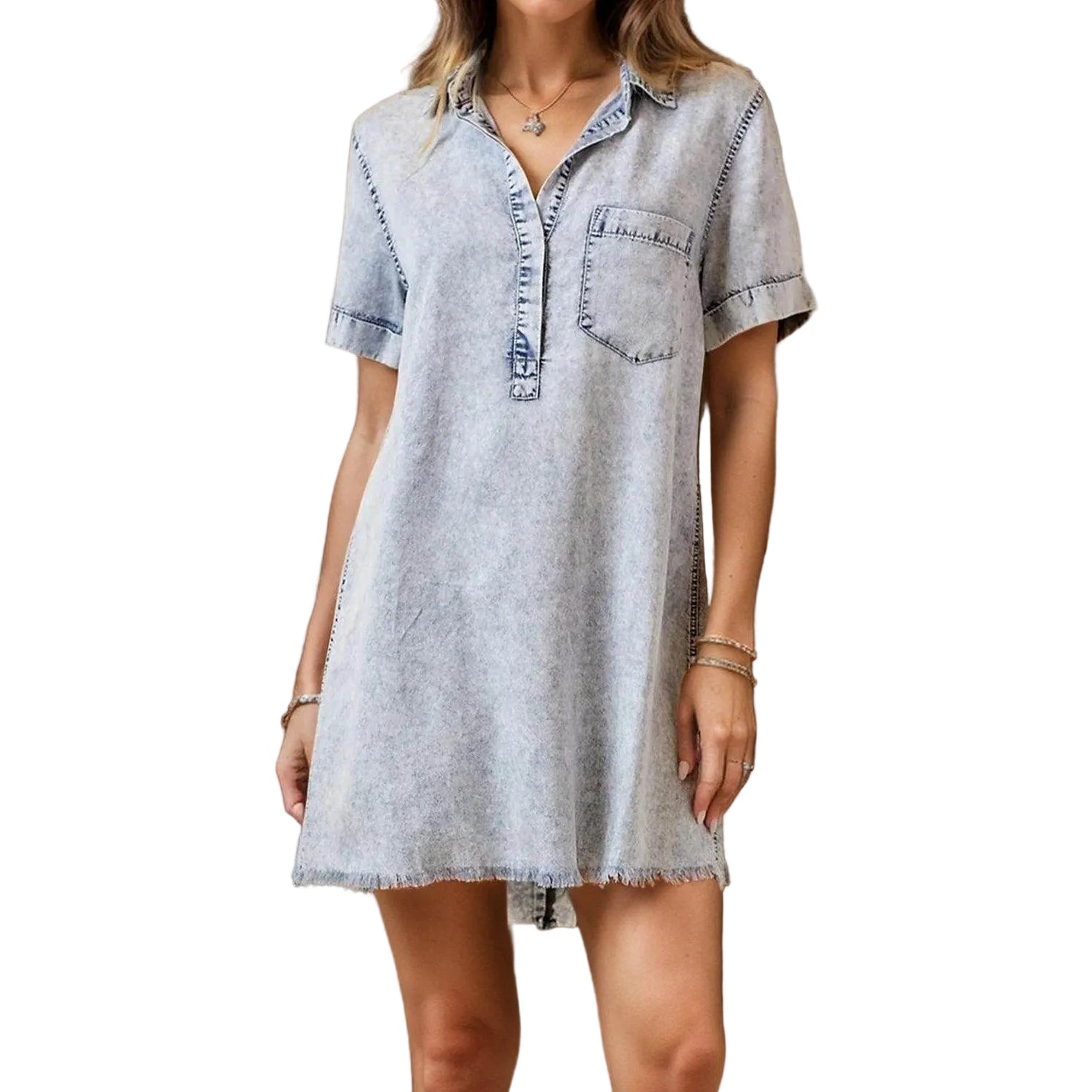 Pocketed Collared Neck Short Sleeve Denim Dress - VacationGrabs
