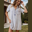Pocketed Collared Neck Short Sleeve Denim Dress - VacationGrabs