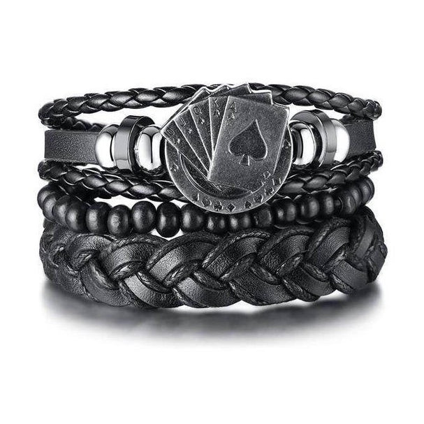 Men's black leather poker wristband bracelet featuring poker symbols and braided design for stylish wear