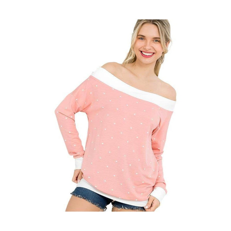 e Luna Women's Polka Dot Off Shoulder Top in Pink with Cozy Fit and Long Sleeves