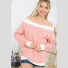e Luna polka dot off shoulder top in pink with long sleeves and white accents