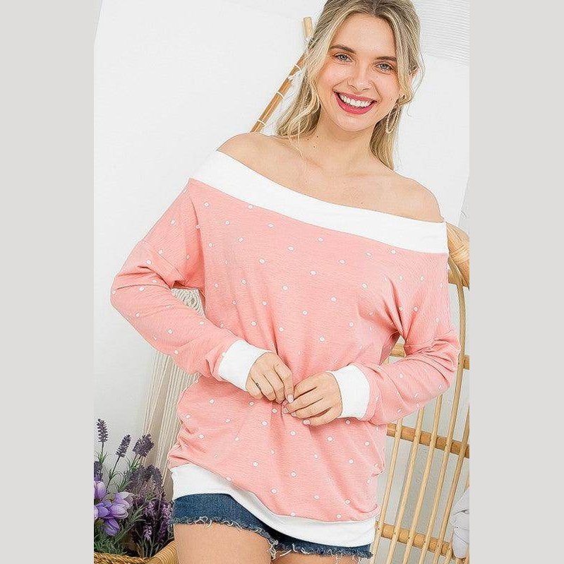 e Luna polka dot off shoulder top in pink with long sleeves and white accents