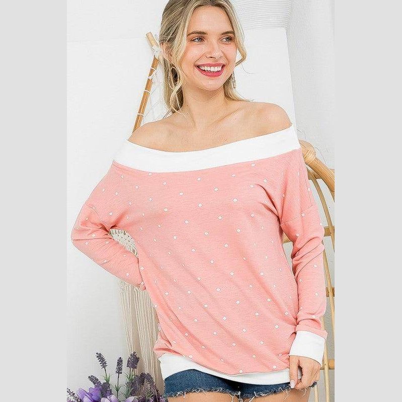 e Luna polka dot off shoulder top in peach with a relaxed fit and stylish design