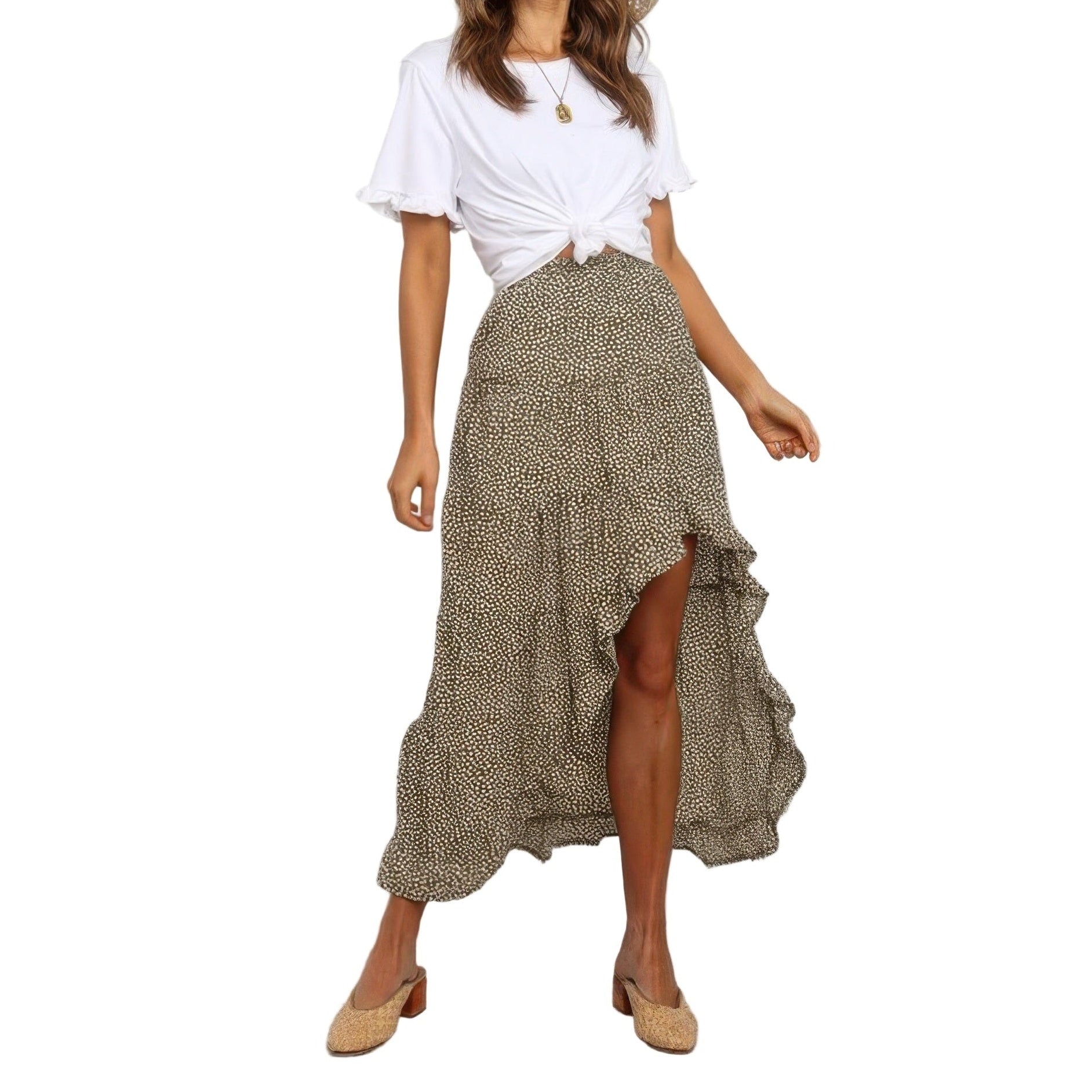 VacationGrabs women's polka dot ruffled maxi skirt with high slit, styled with a casual white top