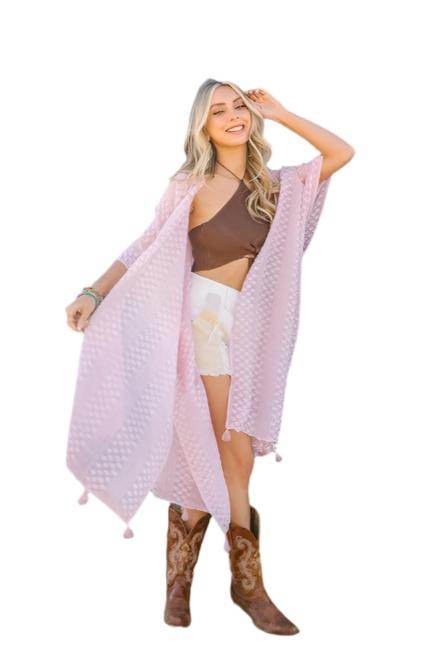 Pom Trimmed Jacquard Kimono - VacationGrabs