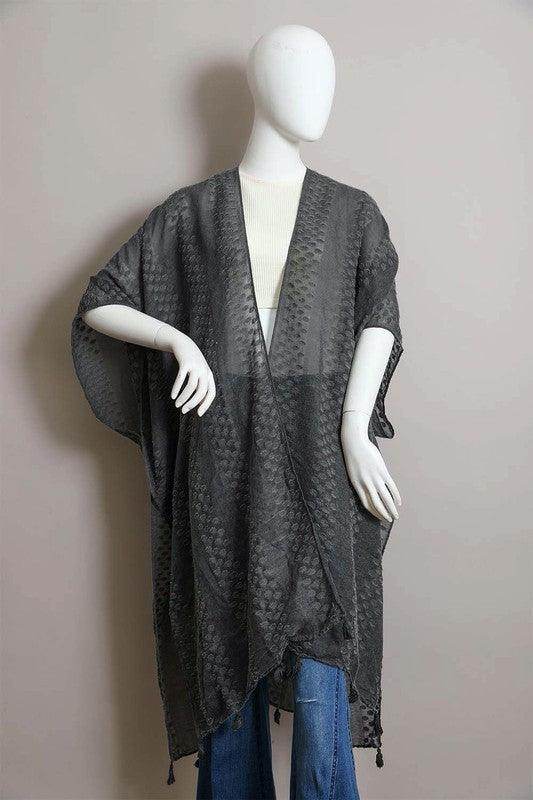 Pom Trimmed Jacquard Kimono - VacationGrabs