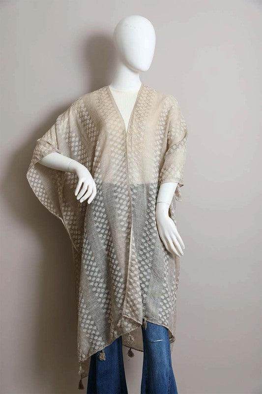 Pom Trimmed Jacquard Kimono - VacationGrabs