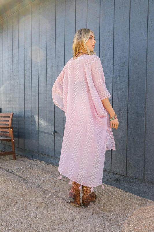 Pom Trimmed Jacquard Kimono - VacationGrabs