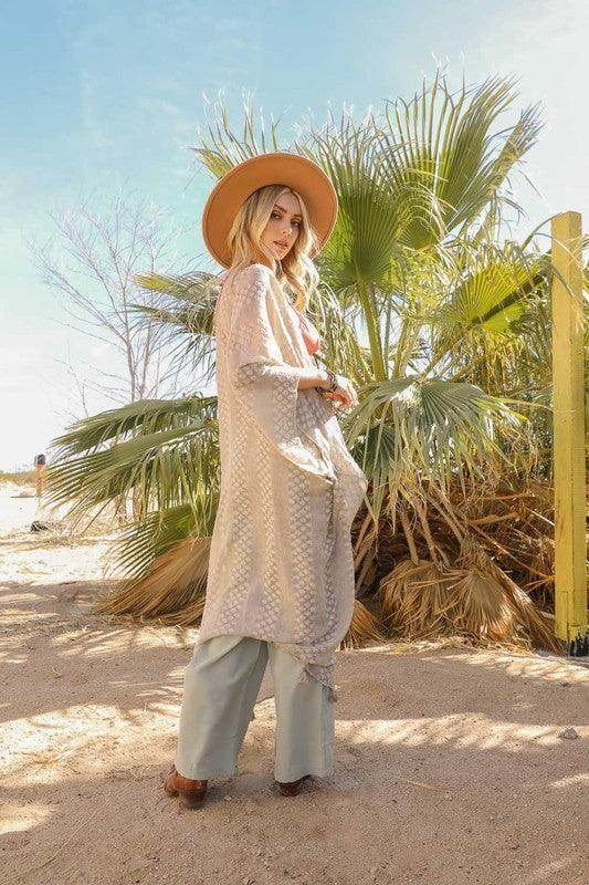 Pom Trimmed Jacquard Kimono - VacationGrabs