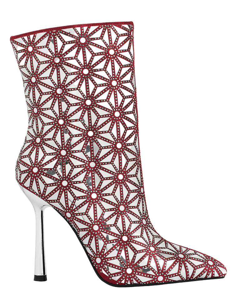 Red and white patterned high-heeled boots on a white background