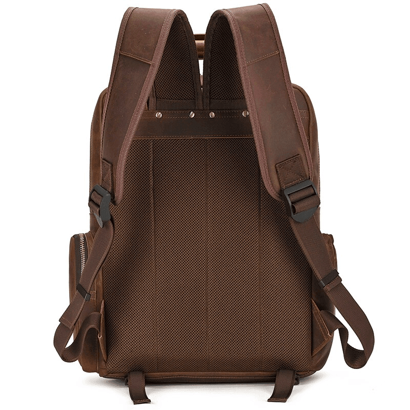 Brown premium leather camera backpack with padded straps for comfort and durability