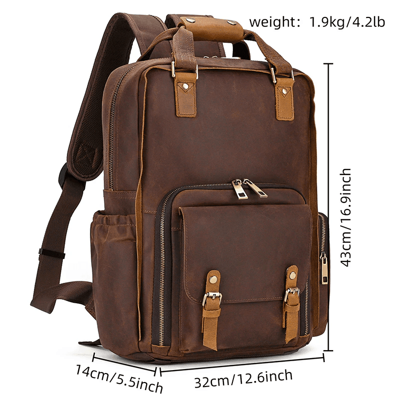 Premium leather camera backpack with multiple pockets and comfortable straps for photographers