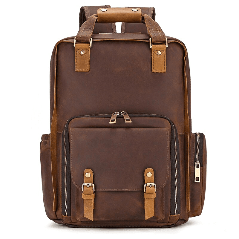 Premium leather camera backpack in rich brown with multiple zippered pockets and sturdy handles