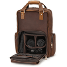 Premium leather camera backpack with multiple compartments for camera gear and accessories