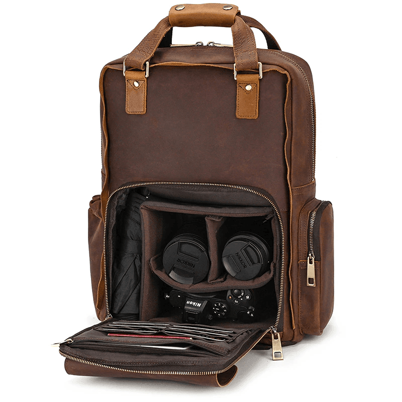 Premium leather camera backpack with multiple compartments for camera gear and accessories
