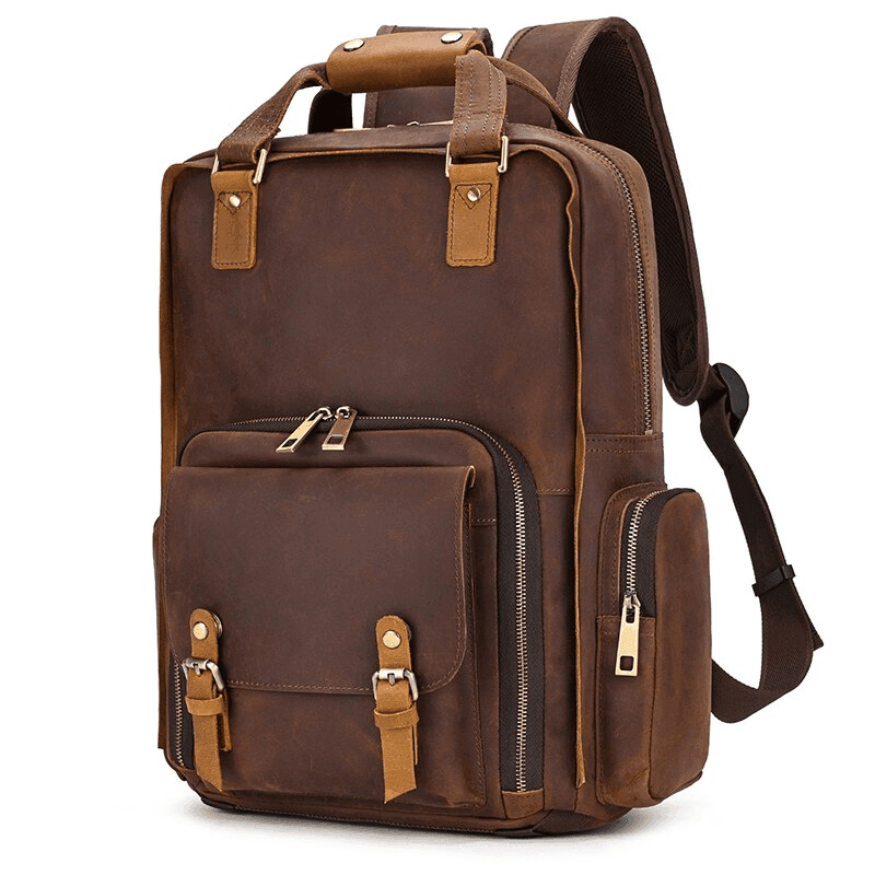 Premium leather camera backpack with multiple compartments for photography gear and accessories