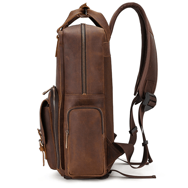 Premium leather camera backpack with multiple pockets and padded straps for comfort and storage