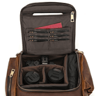 Premium leather camera backpack with multiple pockets for lenses and camera accessories
