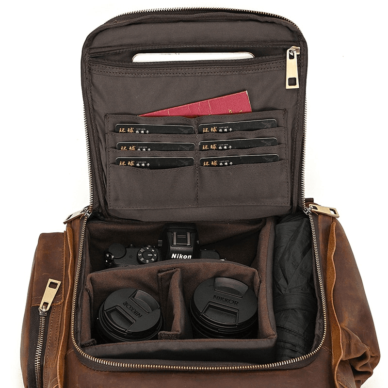 Premium leather camera backpack with multiple pockets for lenses and camera accessories