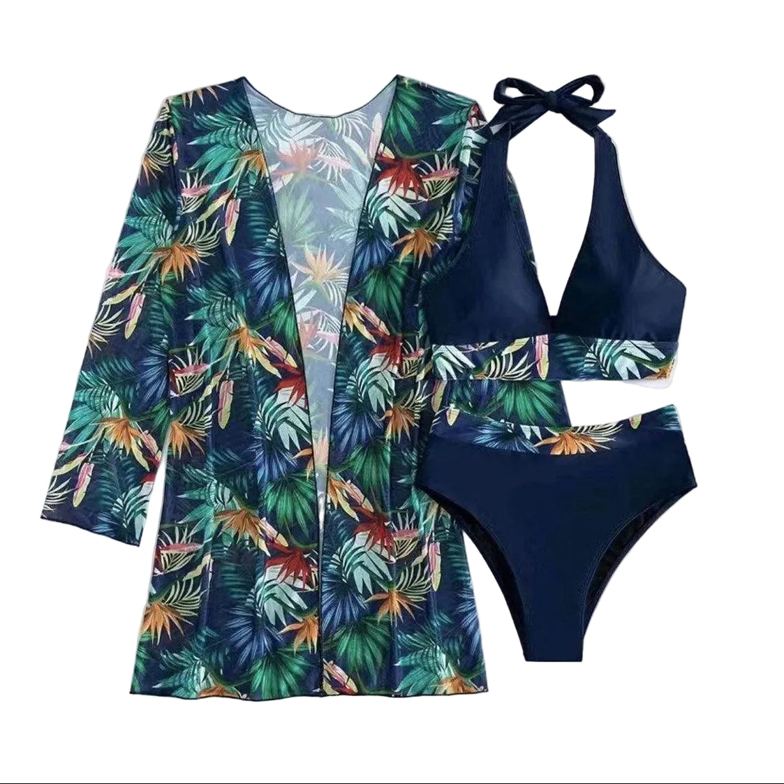 Women's printed halter neck swim set with tropical print for beach outings