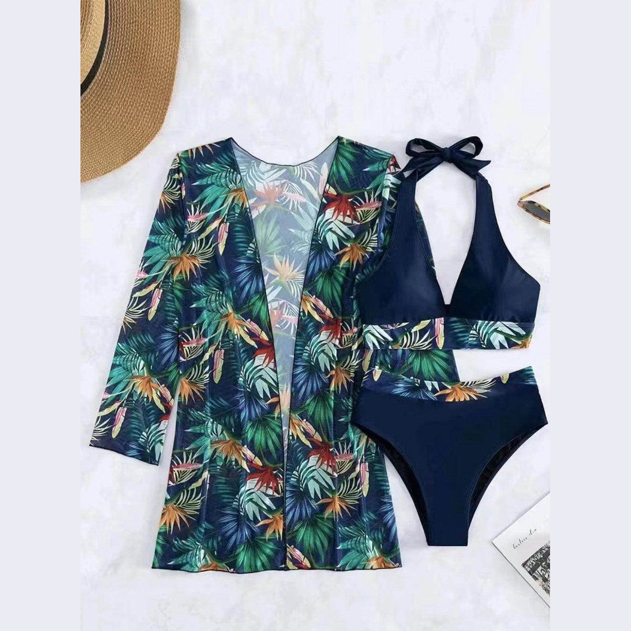Printed Halter Neck Three-Piece Swim Set - VacationGrabs