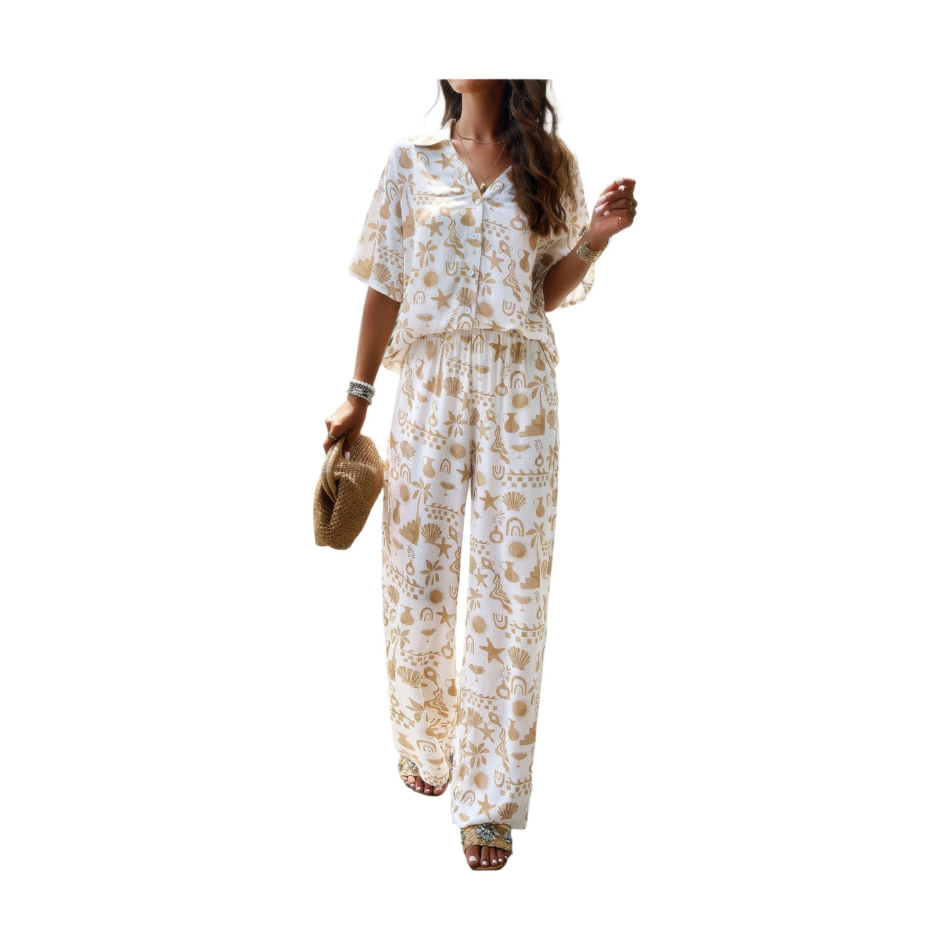 VacationGrabs women's printed short sleeve pants set with white and beige abstract design