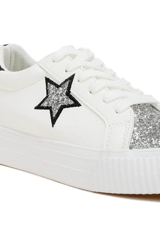 Women's white sneakers with silver glitter accents for casual wear