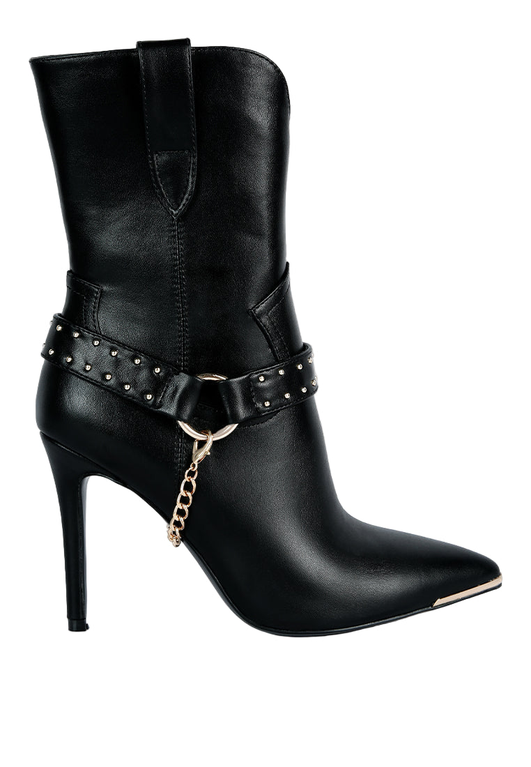 Black leather boot with studded design and chain on a white background