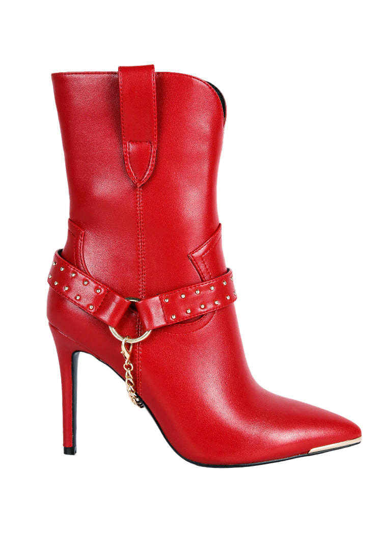 Red high-heeled boot with studded design on a white background