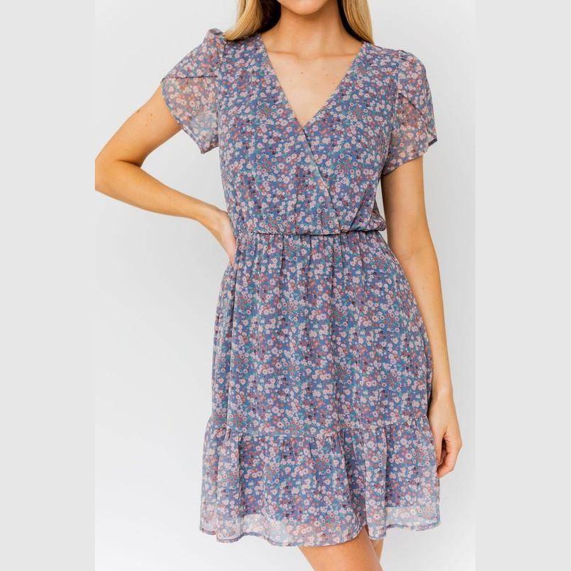 Puff Sleeve Faux Wrap Mini Dress With Ruffle - VacationGrabs