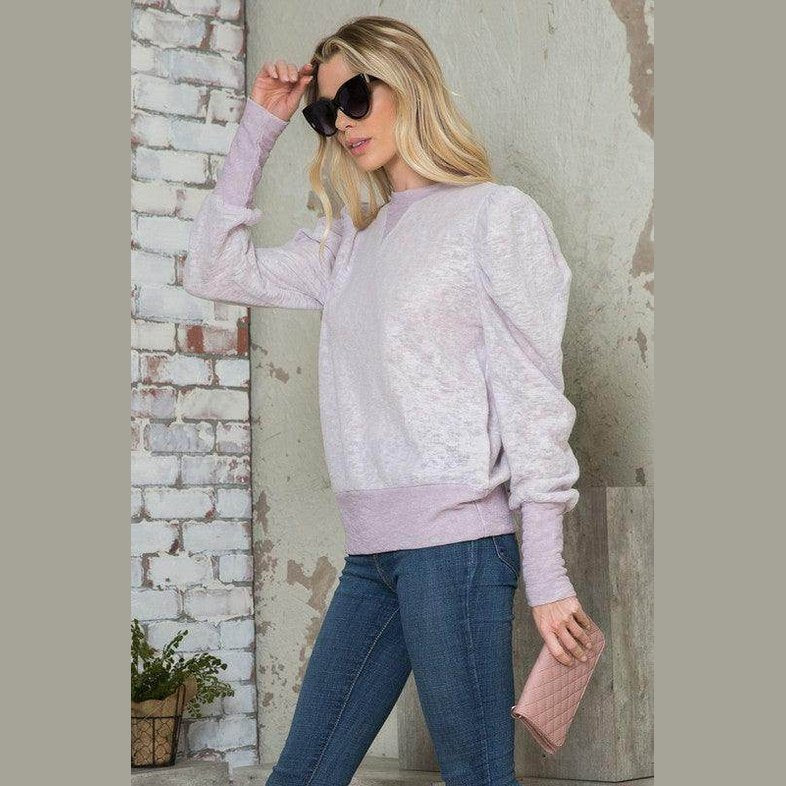 Andante USA women's puff sleeve top for casual outings in light lavender with relaxed fit