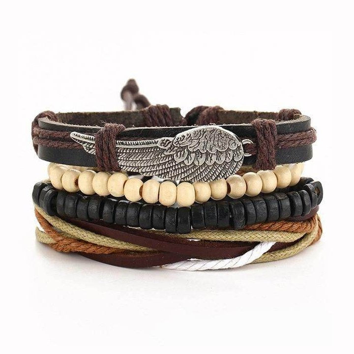 Stylish punk arm band jewelry with assorted materials and winged charm for men