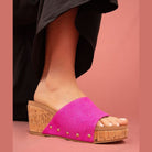 Leather wedge sandals for women in pink with cork platform and studded details
