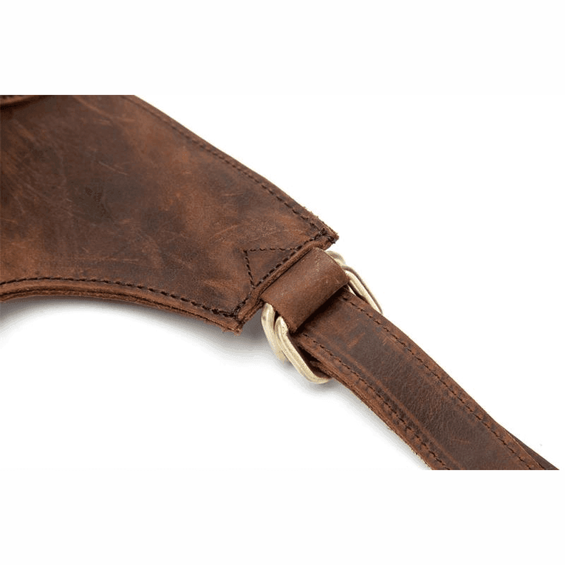 Close-up of the strap detail on a quality leather travel backpack from VacationGrabs