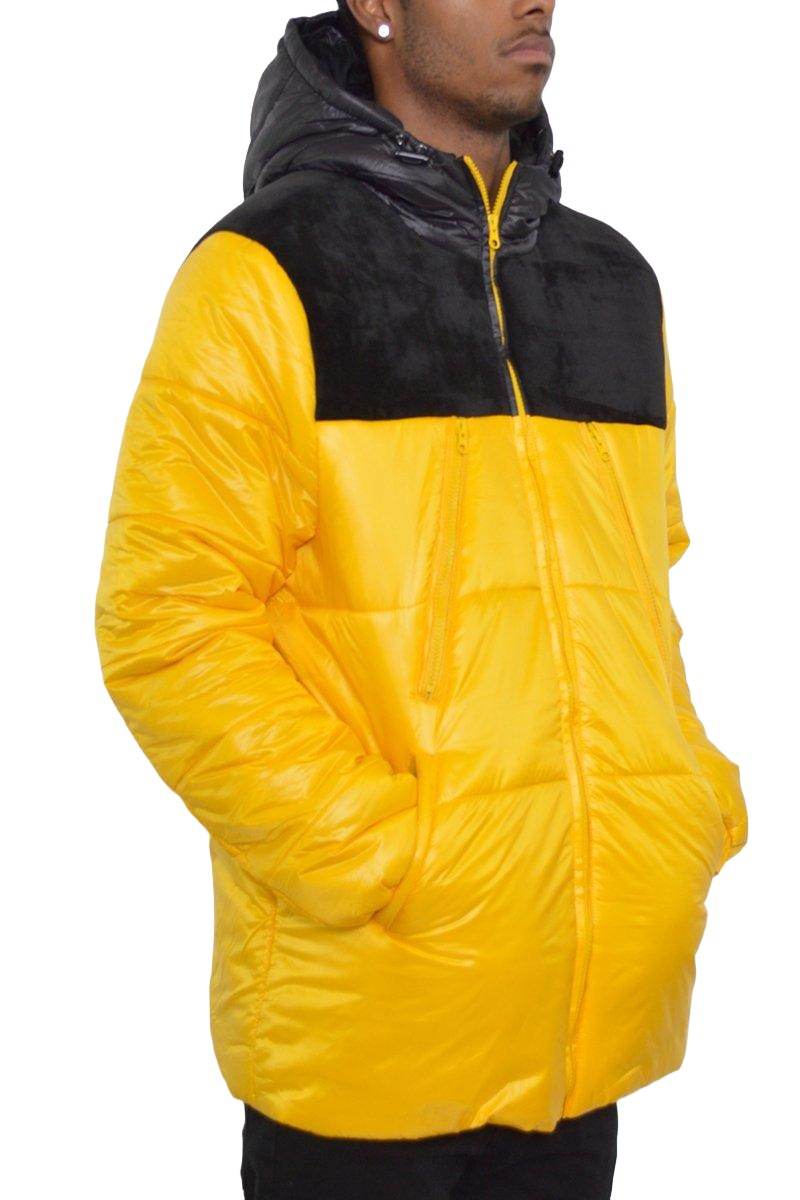 VacatonGrabs quarter jacket for men in yellow and black, featuring a hood and zip-up front