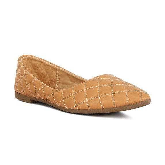 Rag Company tan quilted ballet flats for women with pointed toe and cushioned insole