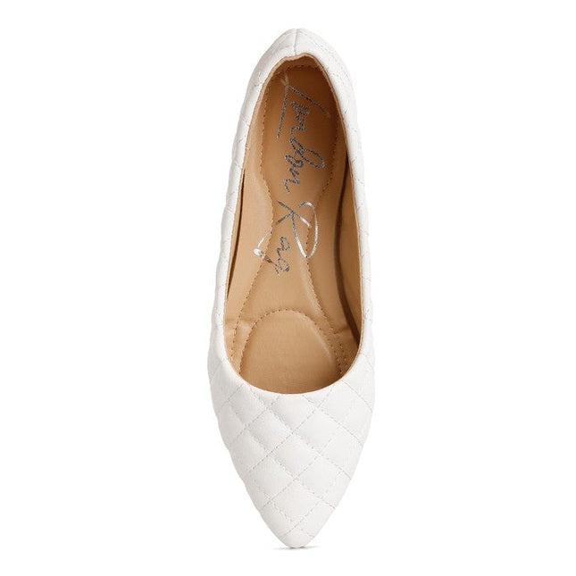 White quilted ballet flats for women by Rag Company with pointed toe and cushioned insole