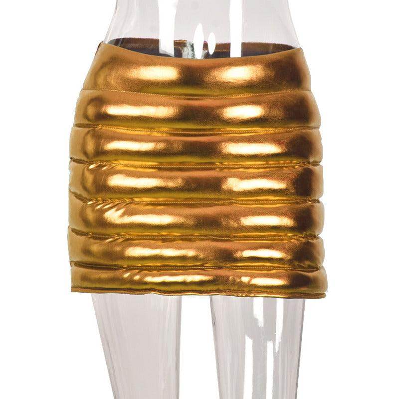 Red Iphigenia quilted warm mini skirt in gold with a stylish layered design for trendy outfits