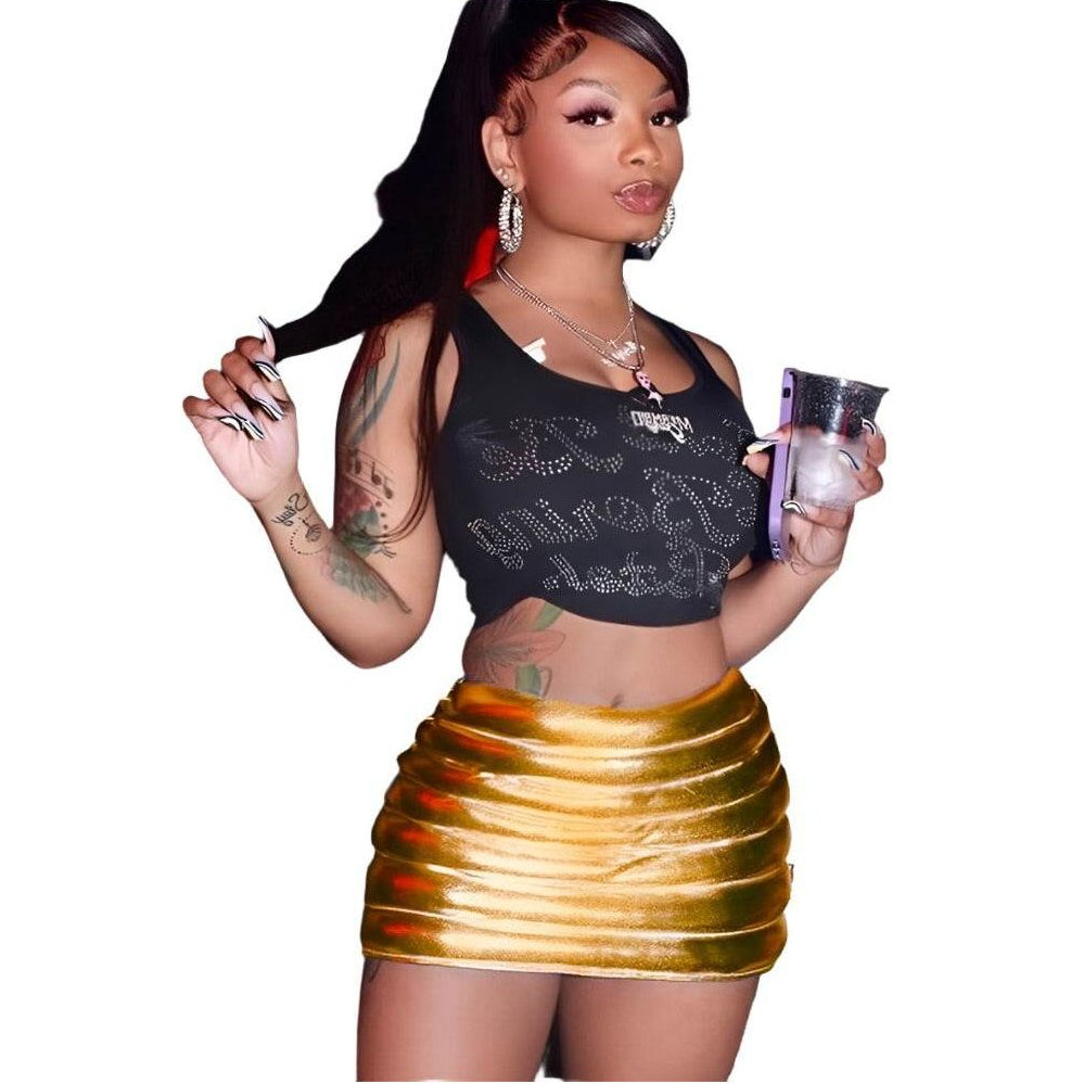 Red Iphigenia quilted warm mini skirt in metallic gold for stylish winter looks