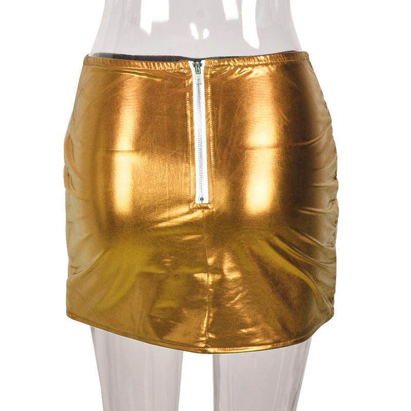 Red Iphigenia quilted warm mini skirt in shiny gold with stylish zip detail for a trendy look