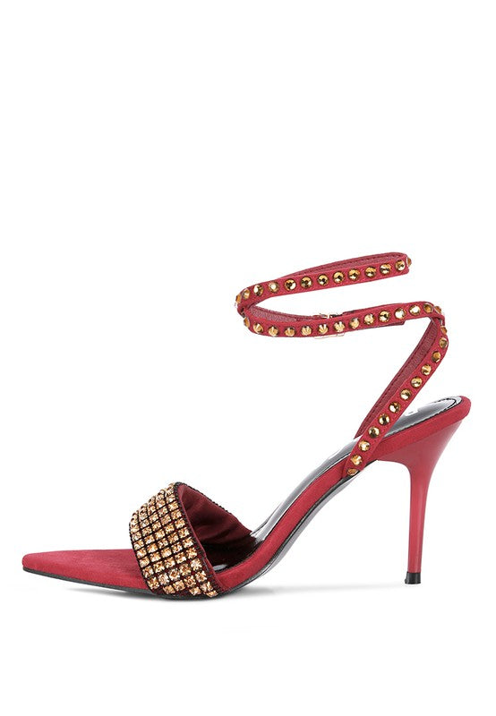 Women's red high heeled diamante sandals for stylish evening wear