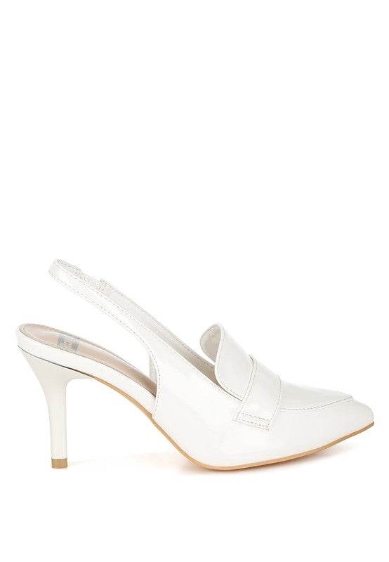 White women's slingback loafer sandals with a sleek design for stylish events