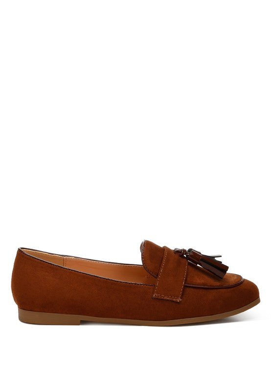 Rag Company womens casual suede loafers in brown with tassel detail & flat sole