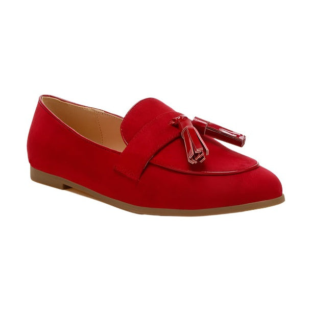Rag Company womens casual suede loafers in red with tassel detail and flat sole