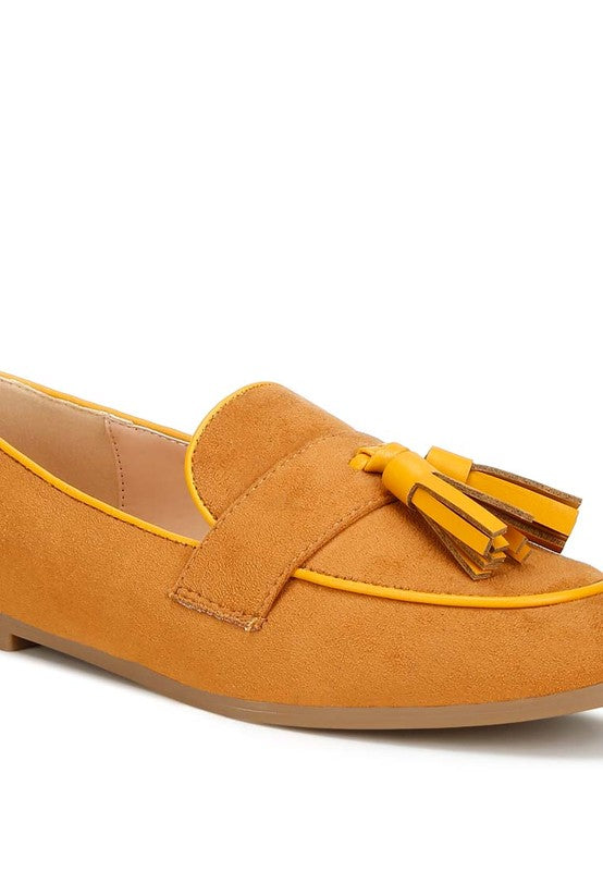 Rag Company womens casual suede loafers in tan with tassel detail and comfortable flat sole